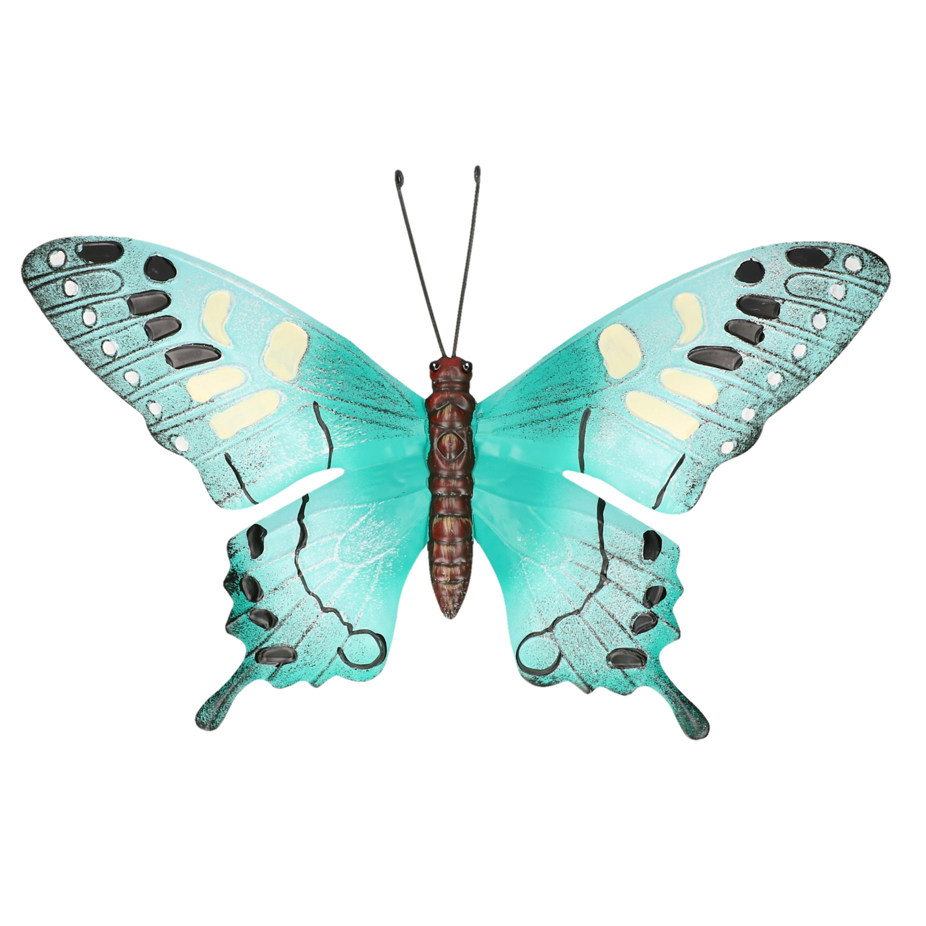 Tuindecoratie vlinder van metaal turquoise blauw-zwart 37 cm
