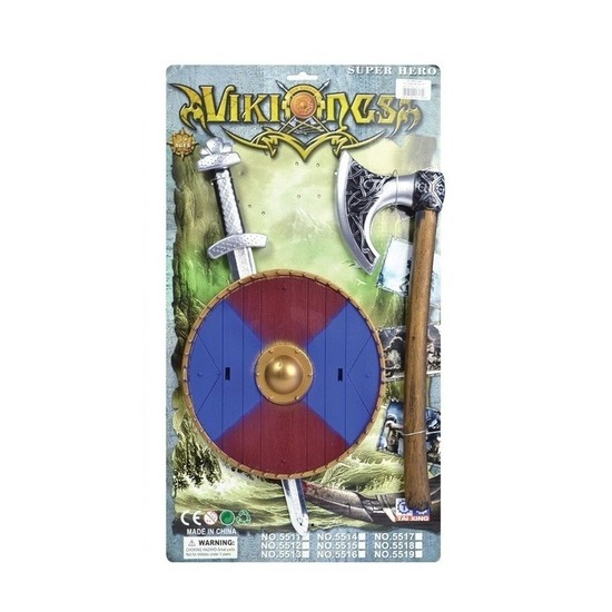 Viking zwaard met rood-blauw schild en bijl set