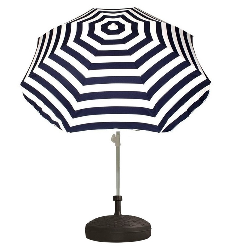 Voordelige set blauw-wit gestreepte parasol en parasolvoet zwart