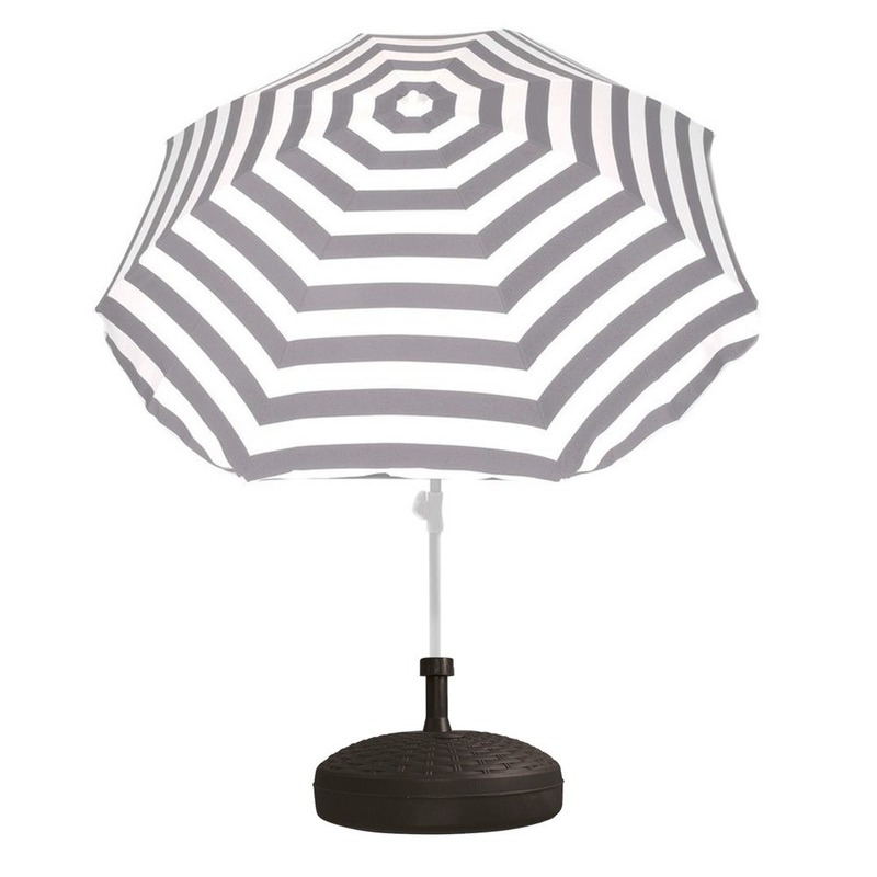 Voordelige set grijs-wit gestreepte parasol en parasolvoet zwart
