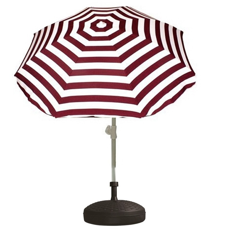 Voordelige set rood-wit gestreepte parasol en parasolvoet zwart