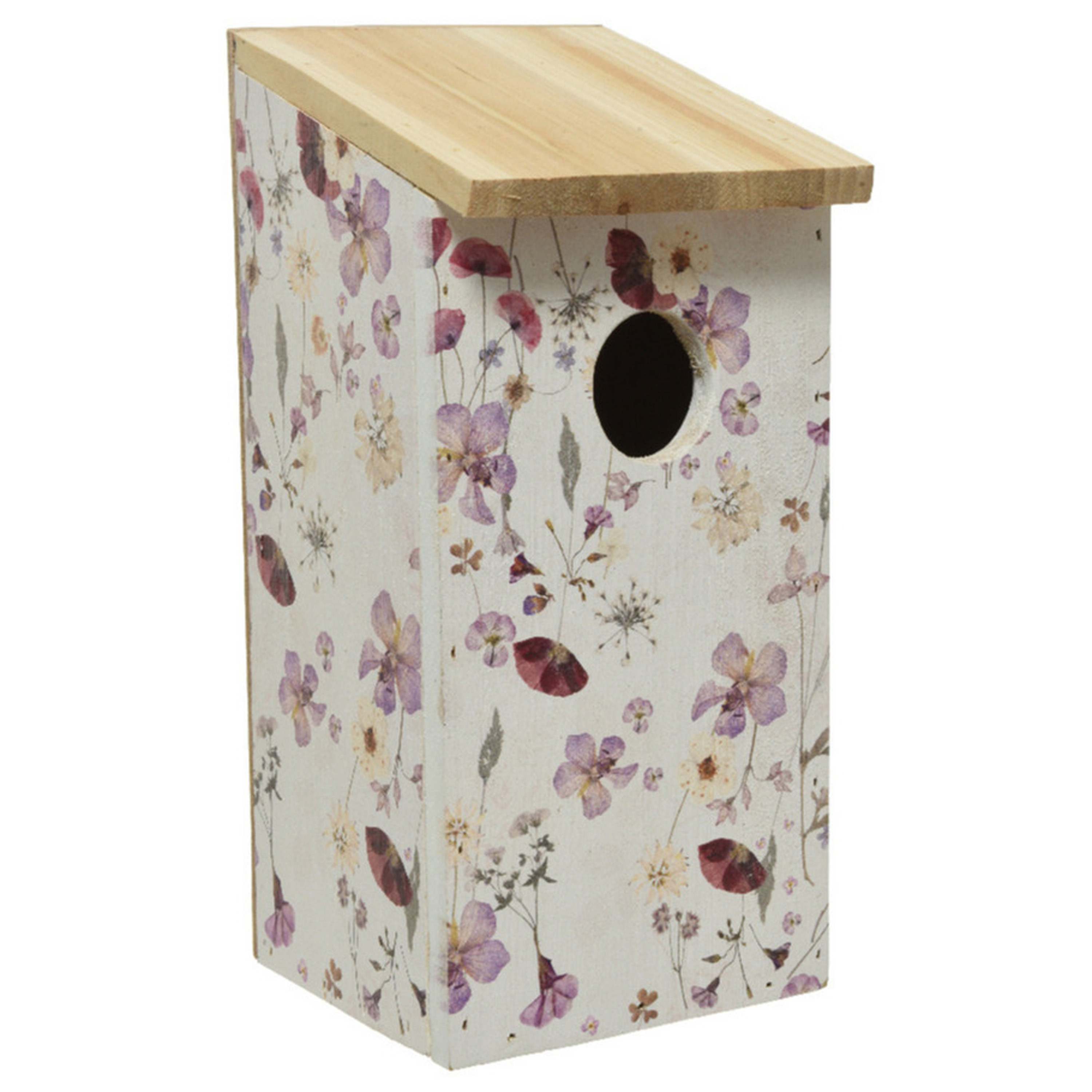 Vurenhouten vogelhuisjes-nestkastjes met bloemen print 12 x 13,5 x 26 cm