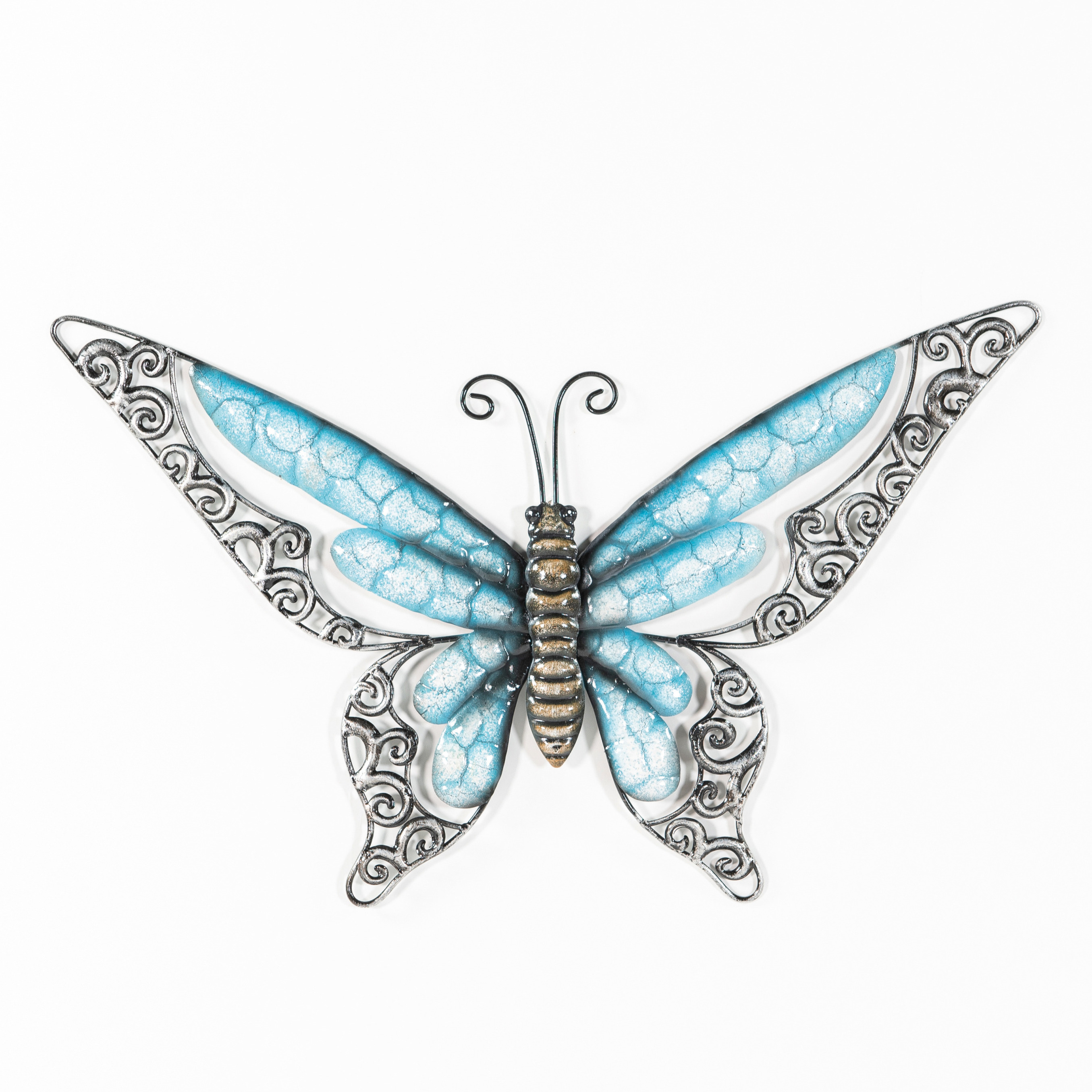 Wanddecoratie vlinder blauw 36 x 21 cm metaal muurdecoratie-schutting