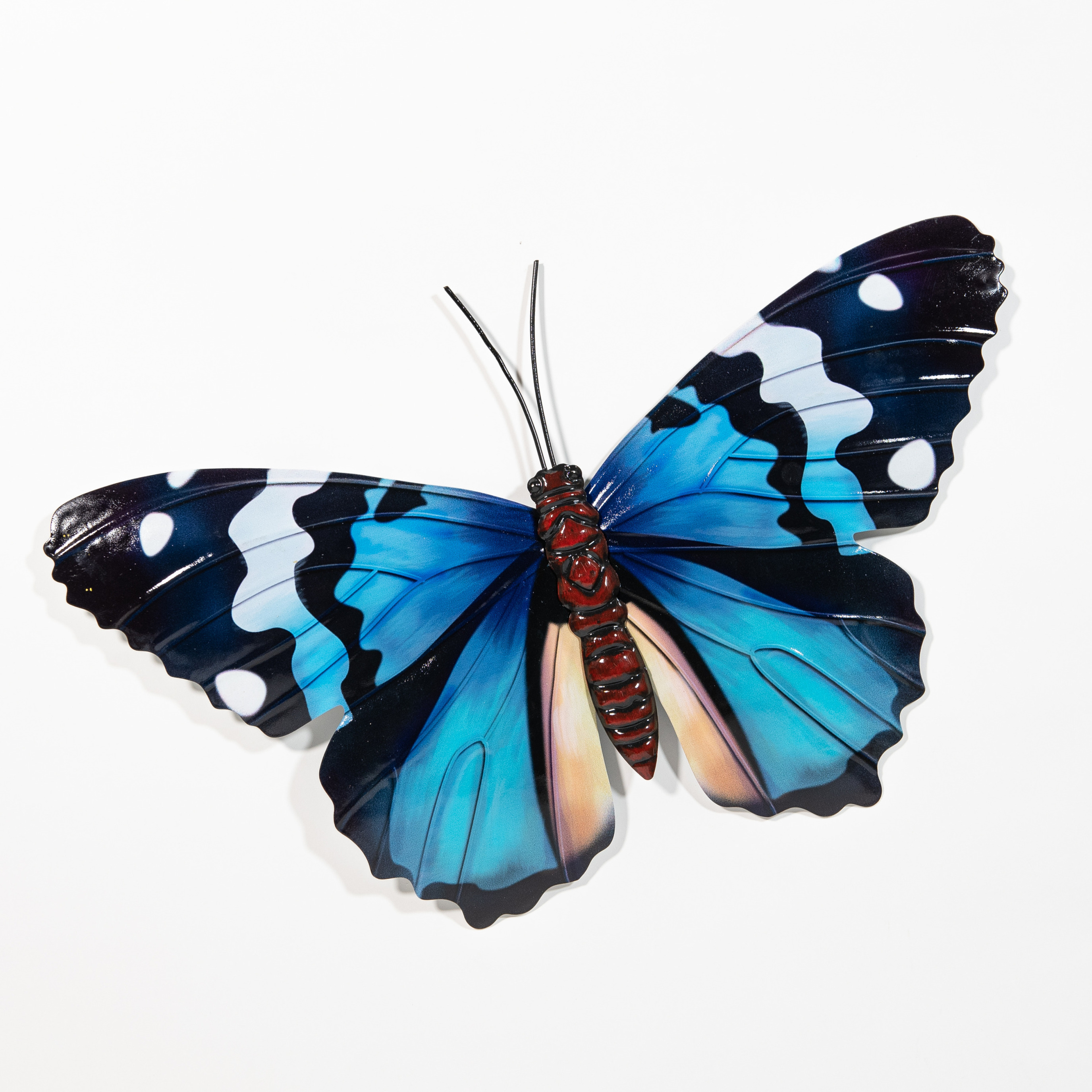 Wanddecoratie vlinder blauw 45 x 28 cm metaal muurdecoratie-schutting