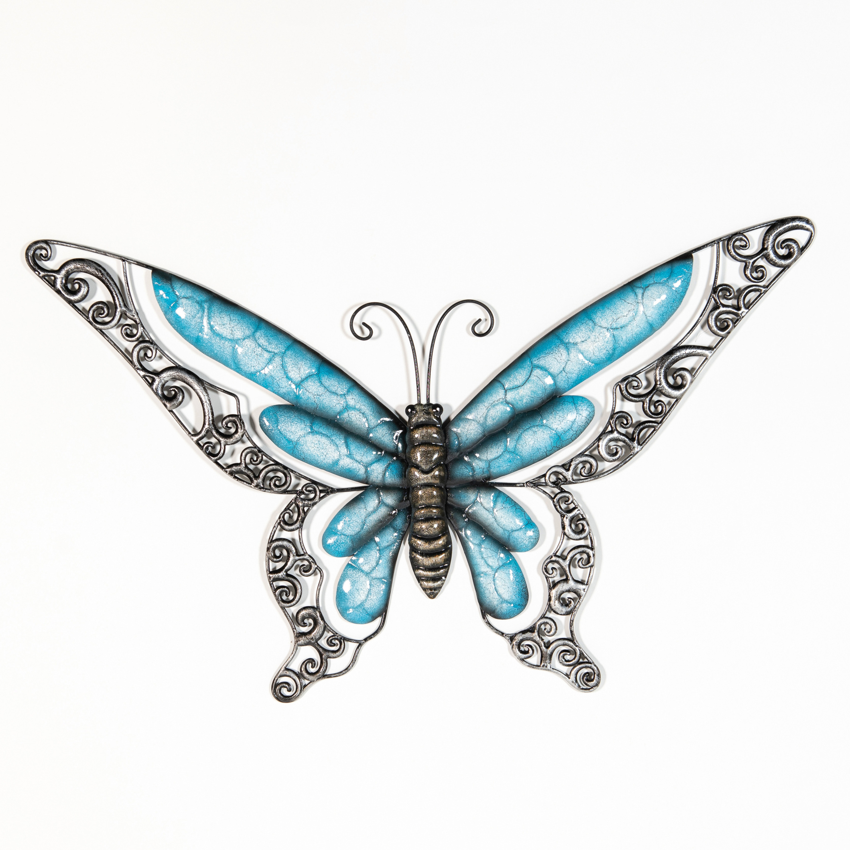 Wanddecoratie vlinder blauw 49 x 28 cm metaal muurdecoratie-schutting
