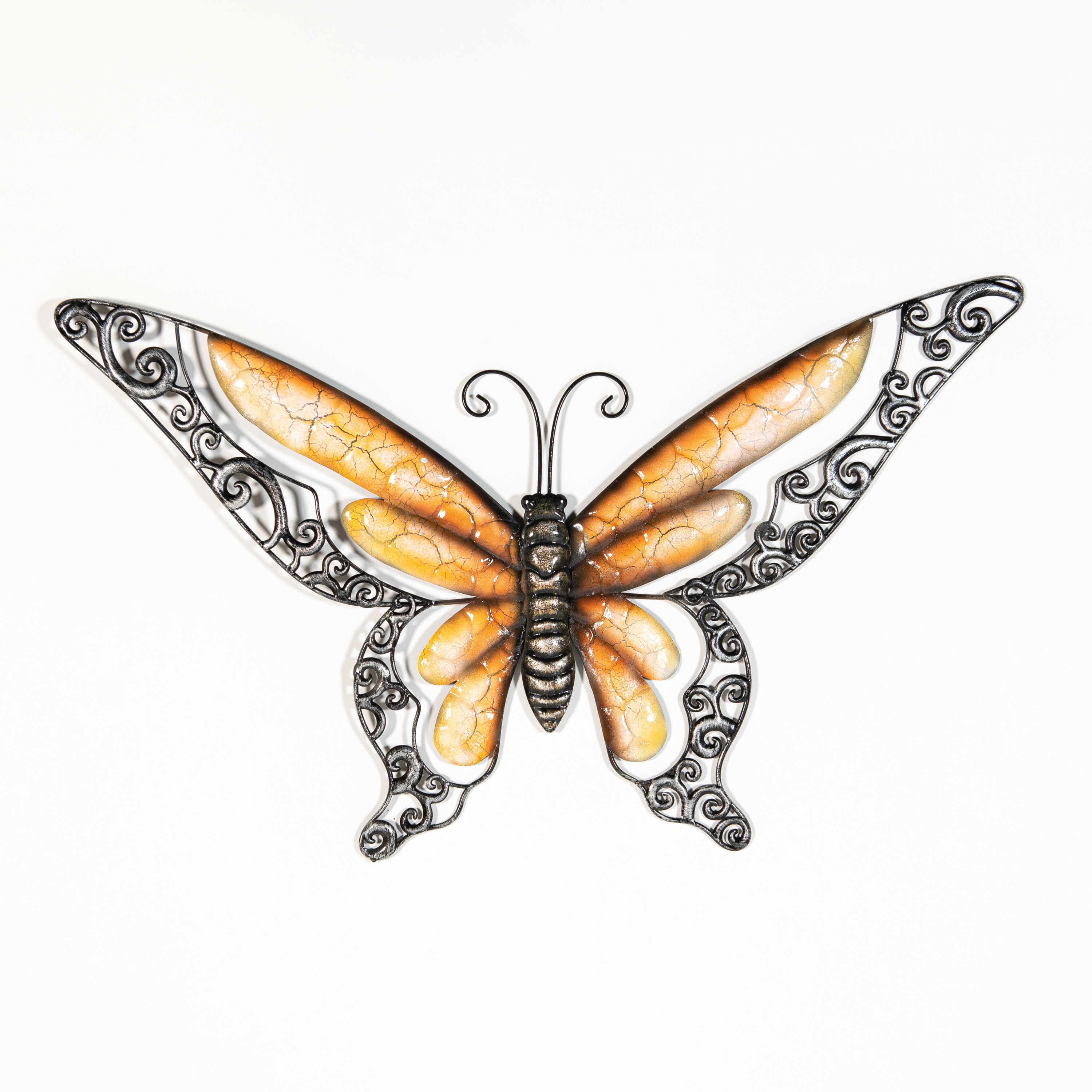 Wanddecoratie vlinder oranje 49 x 28 cm metaal muurdecoratie-schutting