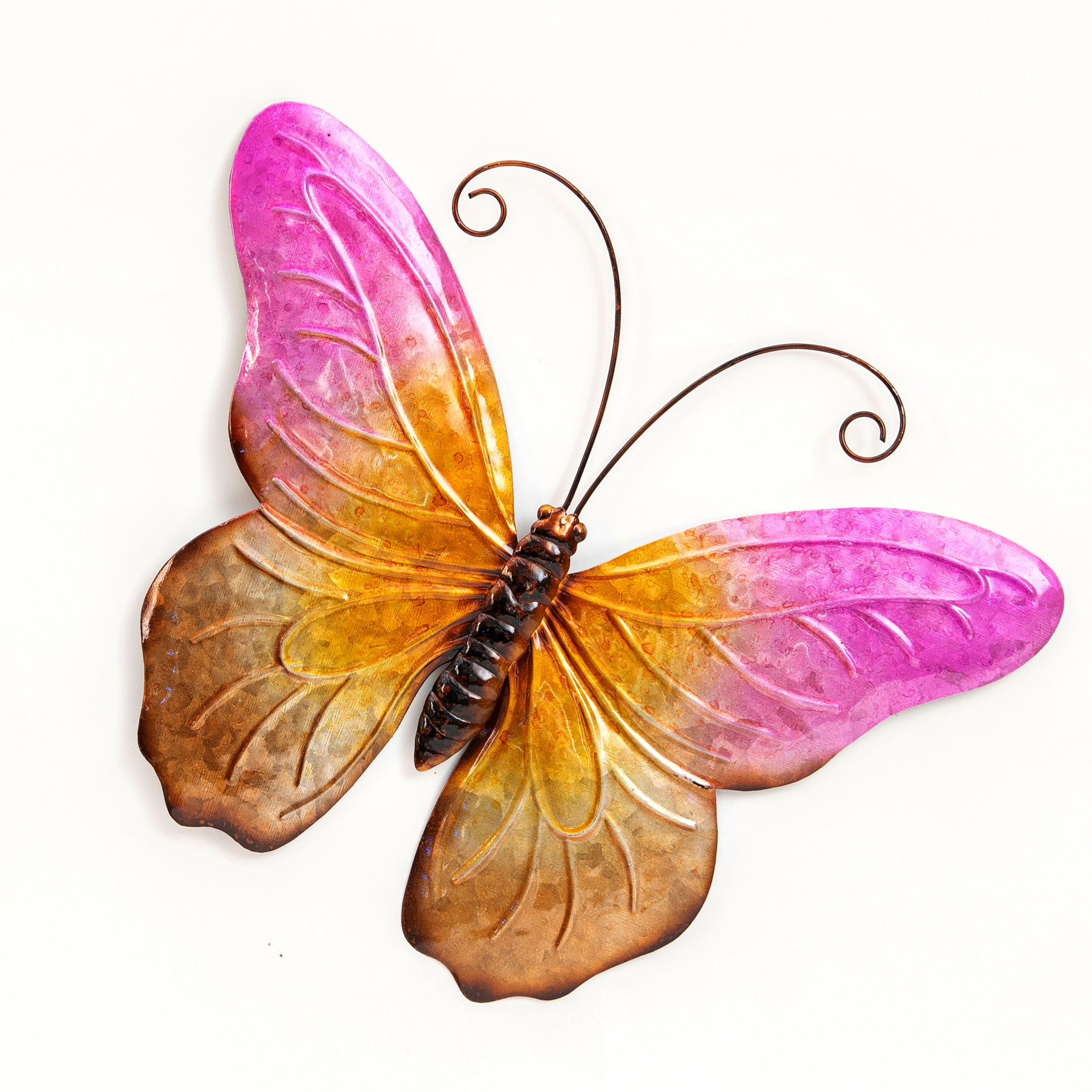 Wanddecoratie vlinder roze 44 x 32 cm metaal muurdecoratie-schutting