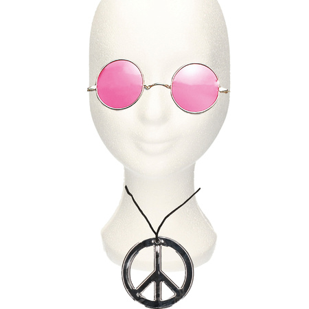 Hippie Flower Power theme set peace-sign necklace and sunglasses lightpink