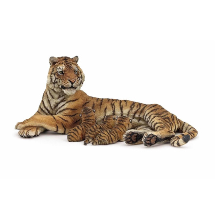Plastic speelgoed figuur tijgerin met zogende welpen 12,5 cm