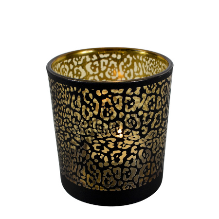 Tealight holder glass matt black 12,5 cm jaguar print