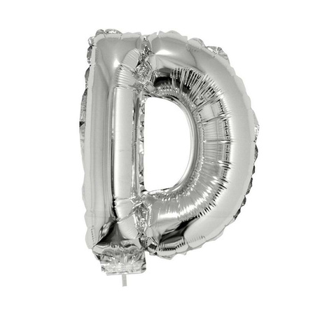 Zilveren opblaas letter ballon D op stokje 41 cm